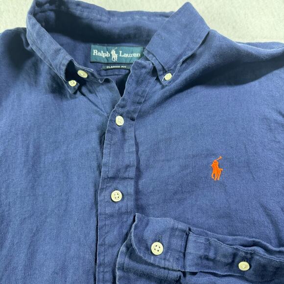 Vintage Ralph Lauren Classic Fit Blue w/ Orange Pony Button Down sz M 100% linen - Picture 1 of 12